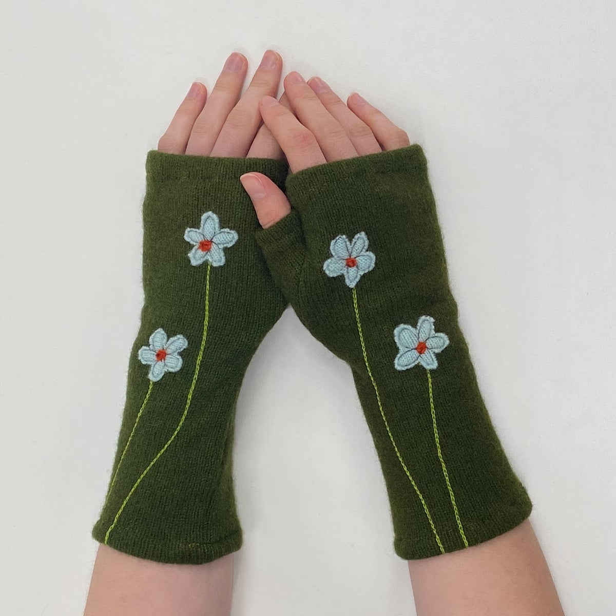 Olive Wildflower Fingerless Cashmere Gloves