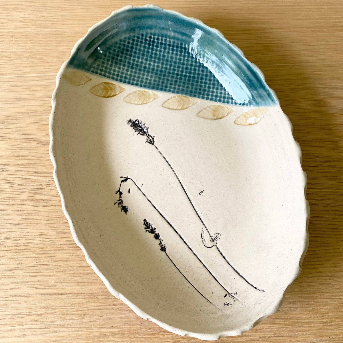 Oval Ceramic Serving Platter w/ Lavender & Leaf Pattern