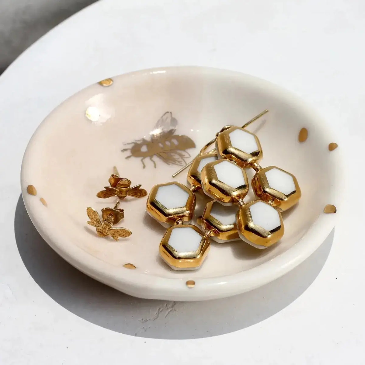 Bee Ring Dish | Handmade Pottery Trinket Storage with Gold
