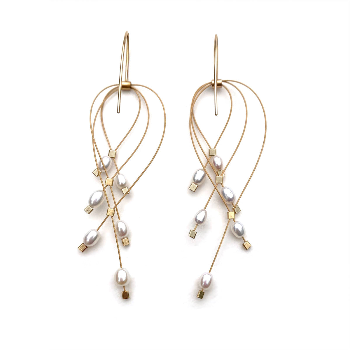 Handmade white pearl lattice hook earrings with delicate gold cable, unique artisan gift. - White Pearl Lattice Hook Earrings with Gold Cable