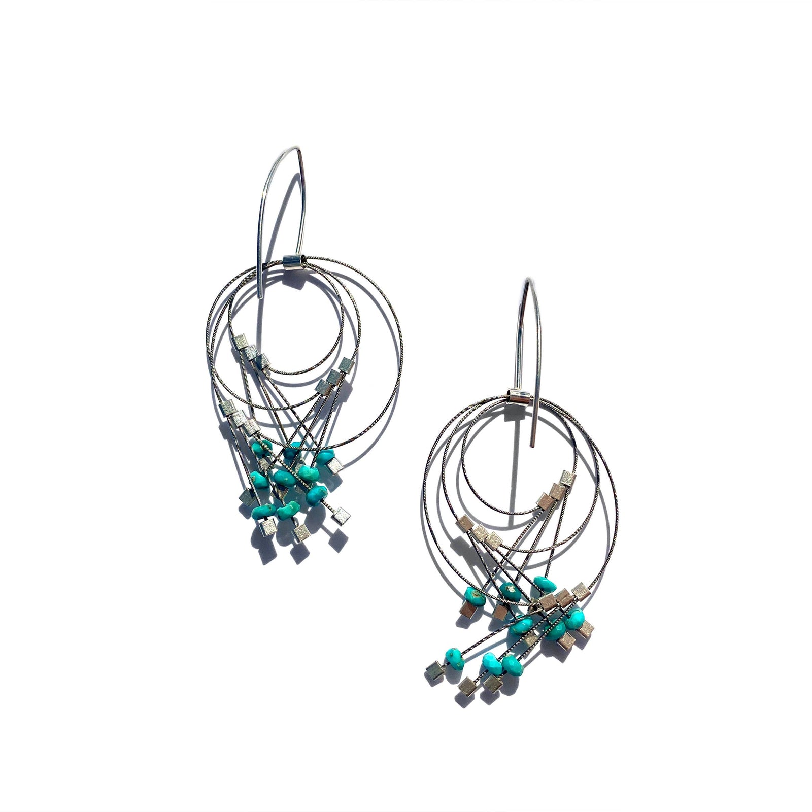 Handmade turquoise and gold cable hook earrings featuring unique multi-loop artisan design, perfect gift. - Turquoise Vertigo Hook Earrings with Gold Cable