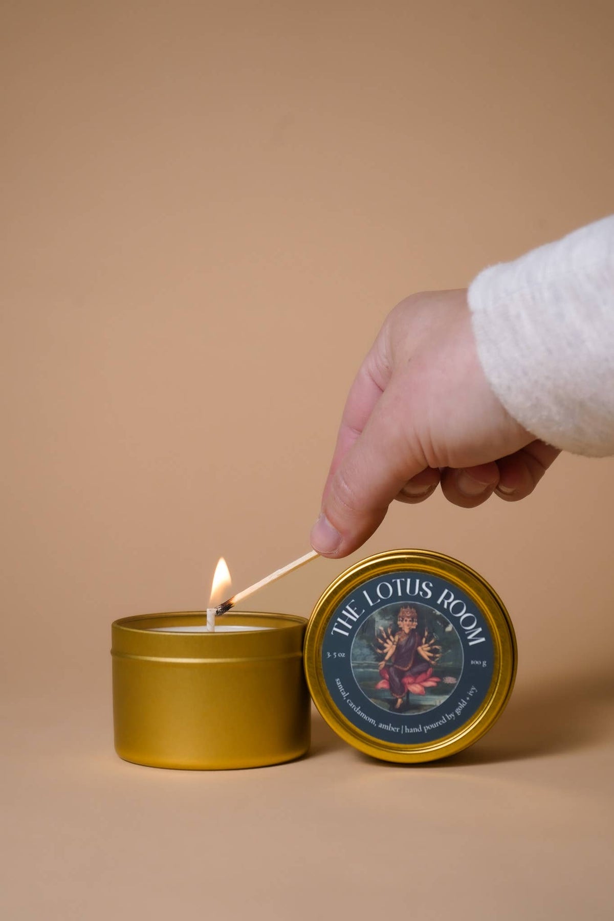 Custom label gold tin soy candles - 4 oz.: Grey flannel
