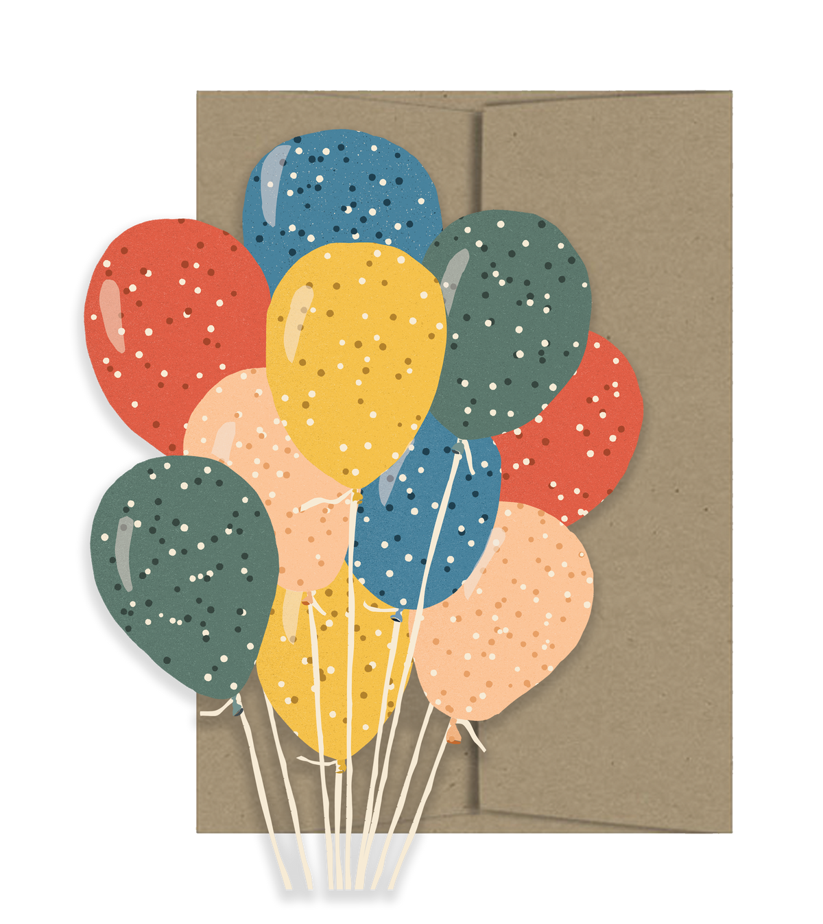 Handmade greeting card with colorful artisan balloons and white confetti on kraft paper background, unique gift idea. - Party Balloons Card