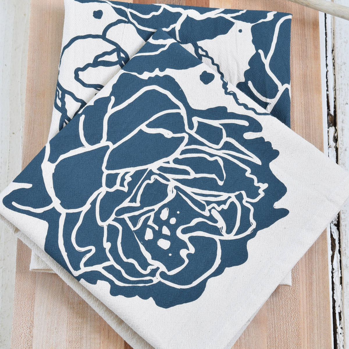 Peony Blossom Tea Towel - Navy