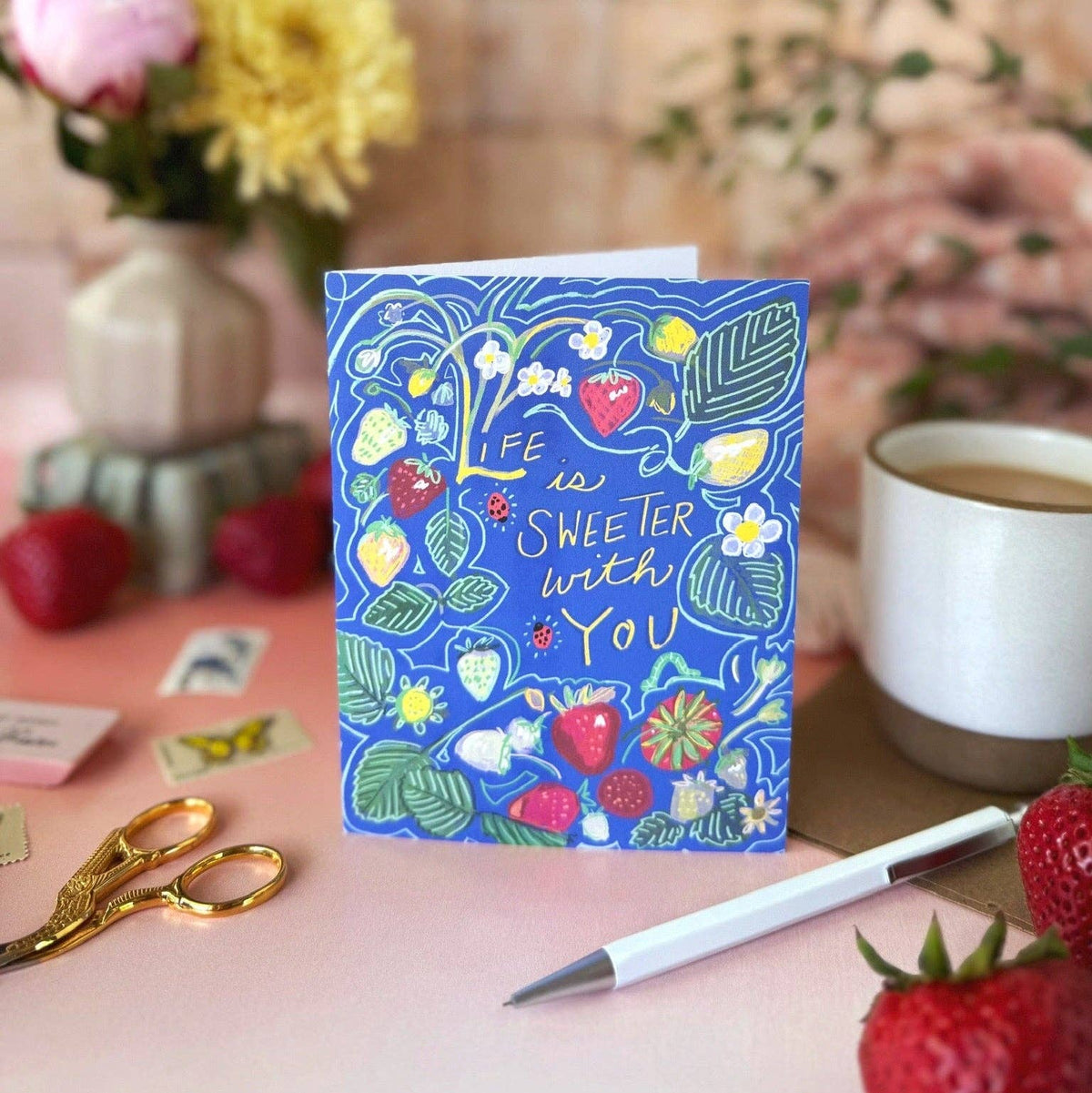 Life Is Sweeter With You (Strawberries and Ladybugs) — Valentine's Day, Love, Friendship, Birthday, Thank you Card: Eco-friendly card pocket