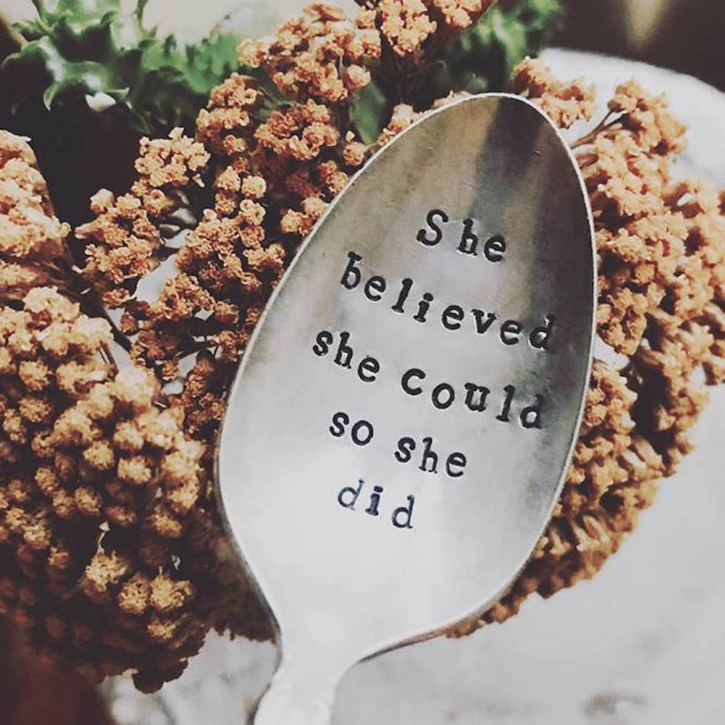 Handmade artisan spoon with "She believed she could so she did" engraved, unique gift item. - She Believed Spoon
