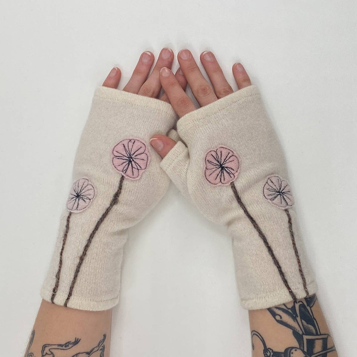 Cream Cherry Blossom Fingerless Cashmere Gloves
