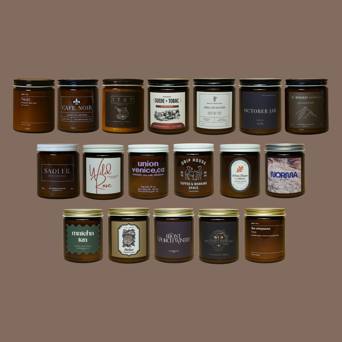 Custom Branded Soy Candles - 7.5 oz - Amber: Gold Lid / Evergreen forest