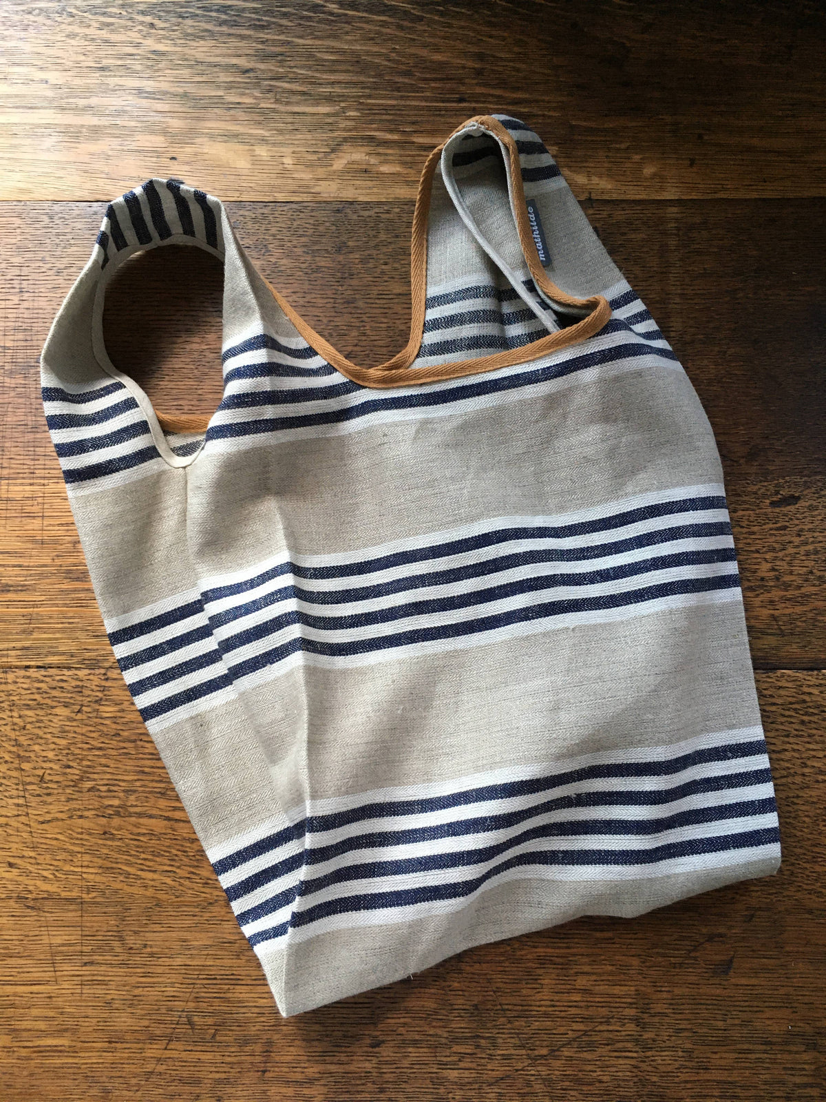 Navy Stripes Shopping Bag/Ochre Trim