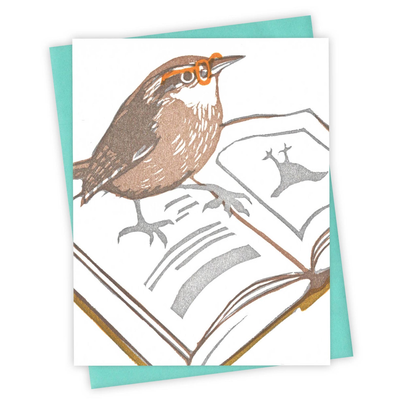 Handmade greeting card featuring a unique wren wearing glasses perched on an open book, perfect artisan gift. - Bookworm Wren Card