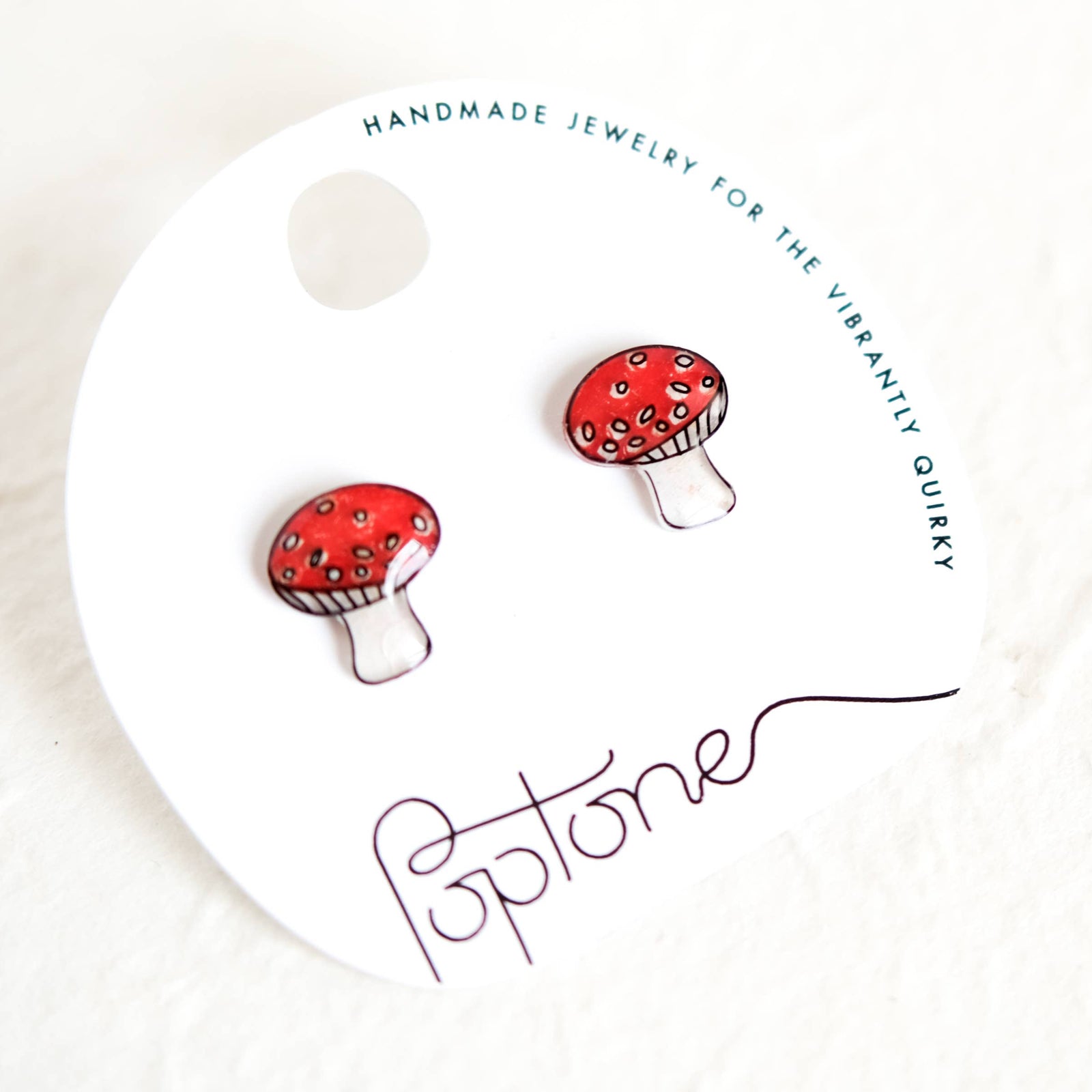 Handmade artisan red mushroom toadstool stud earrings with white spots, unique gift idea. - Red Mushroom Toadstool Earrings