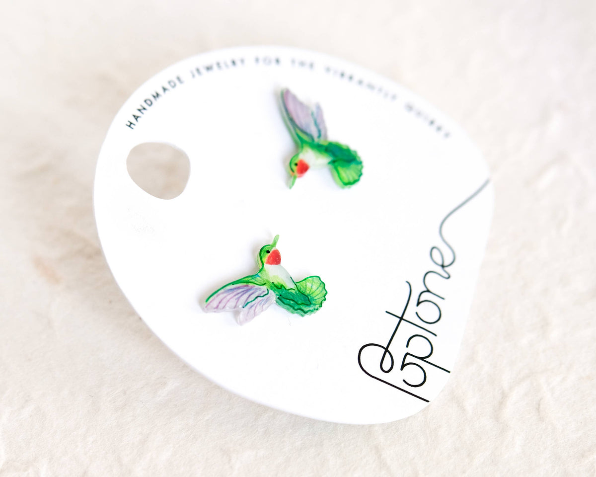 Green Ruby-throated Hummingbird Handmade Stud Earrings