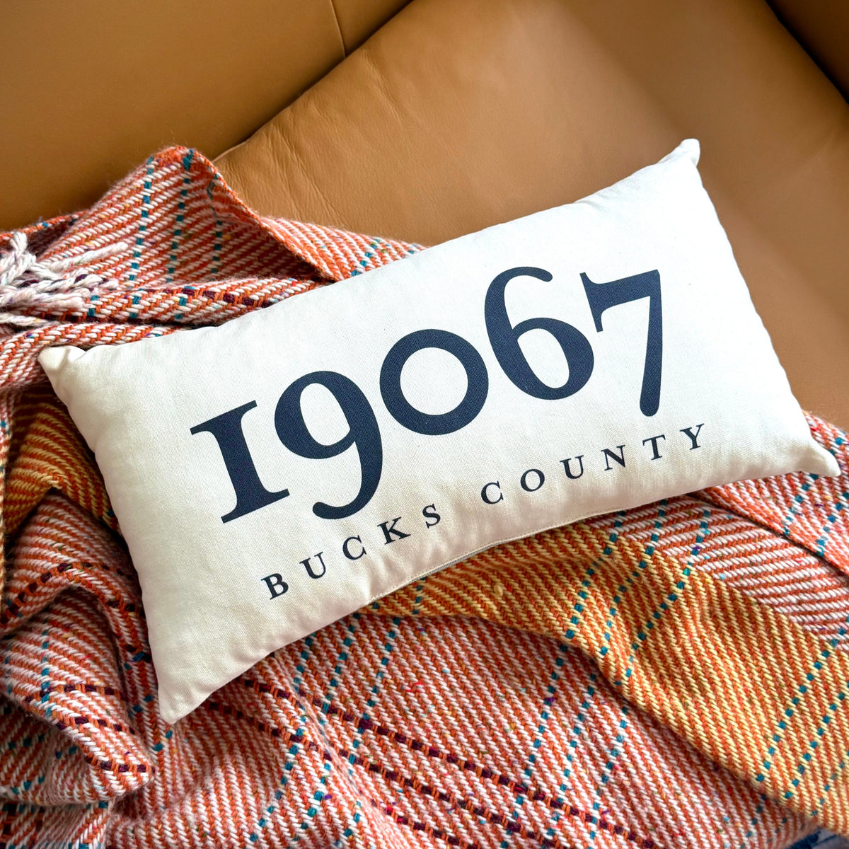 Decorative pillow with '19067 Bucks County' text on a brown leather couch with a plaid blanket.