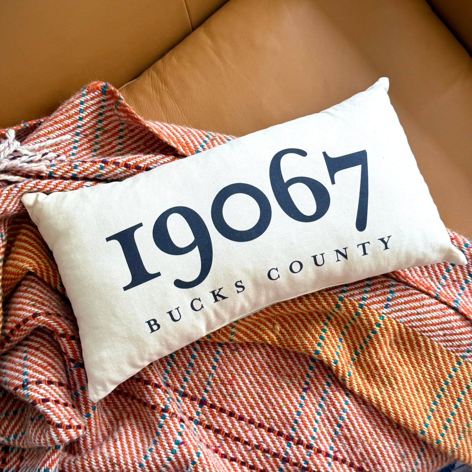 Decorative pillow with '19067 Bucks County' text on a brown leather couch with a plaid blanket.