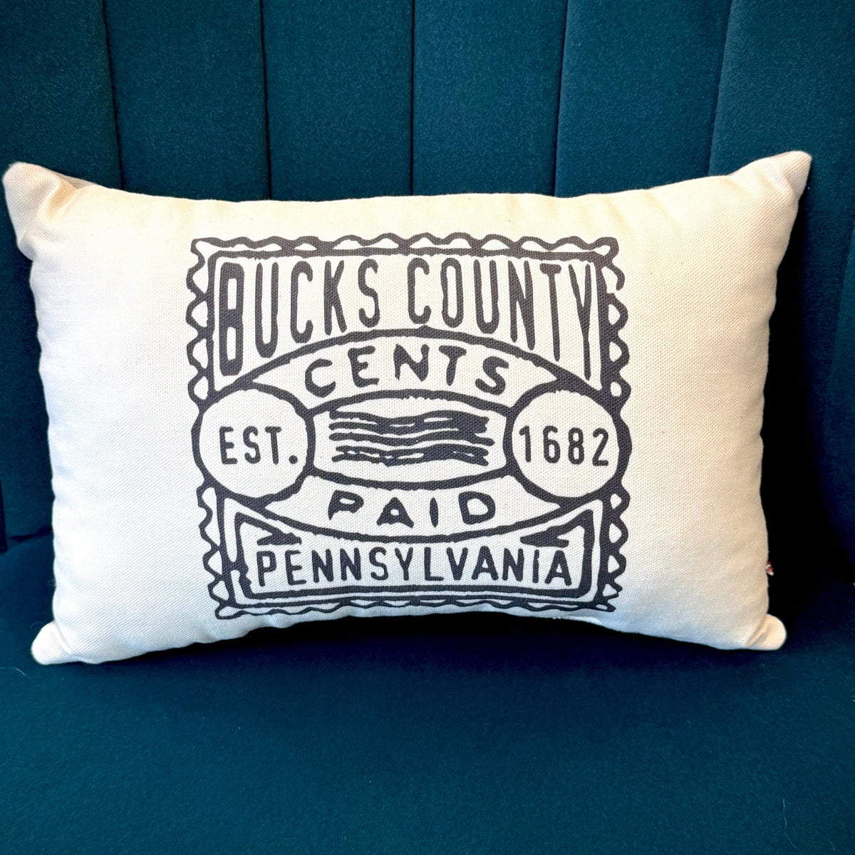 white and black pillow featuring Bucks County Pennsylvania in vintage stamp design