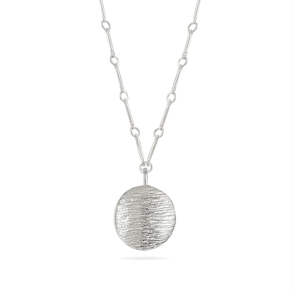 Handmade silver necklace with a textured round artisan pendant on a unique linked chain, special gift. - Arcsis Necklace 16-18"