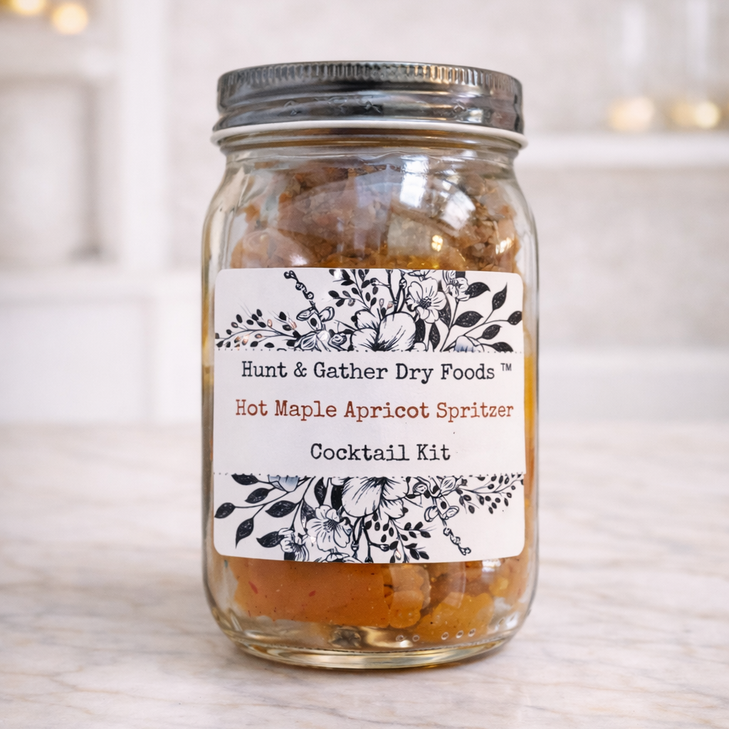 A glass mason jar with a metal lid and a white decorative label reading 'Hunt & Gather Dry Foods Hot Maple Apricot Spritzer Cocktail Kit,' set on a light marble surface with a softly blurred kitchen background.
