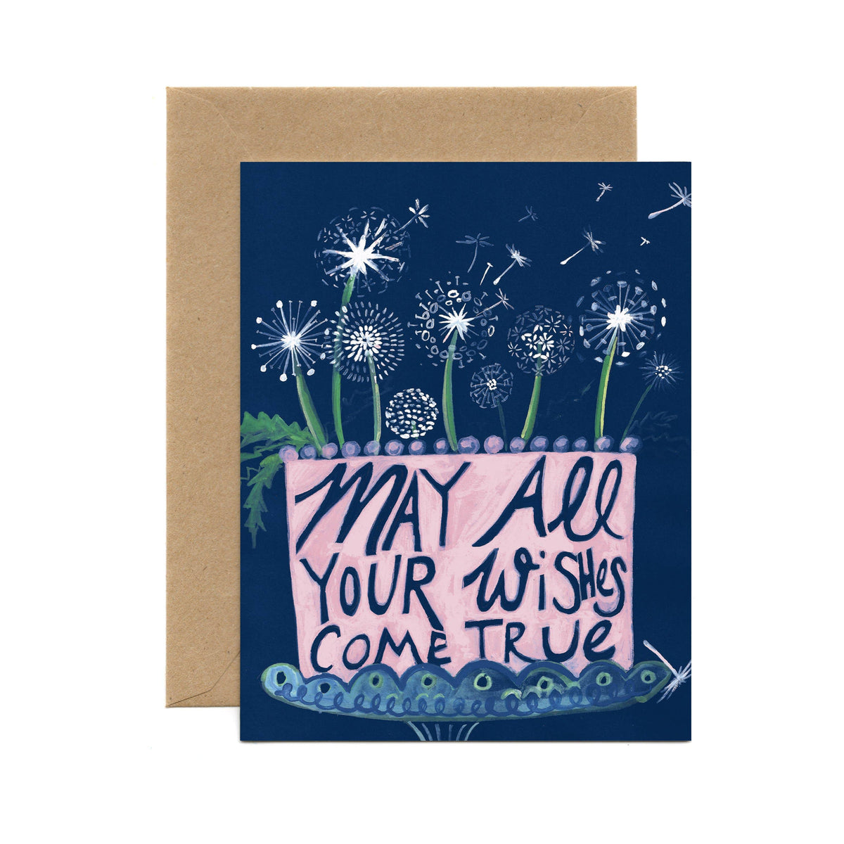 Handmade birthday card with white dandelions on blue background and unique pink pot reading "May all your wishes come true". - Dandelion Birthday