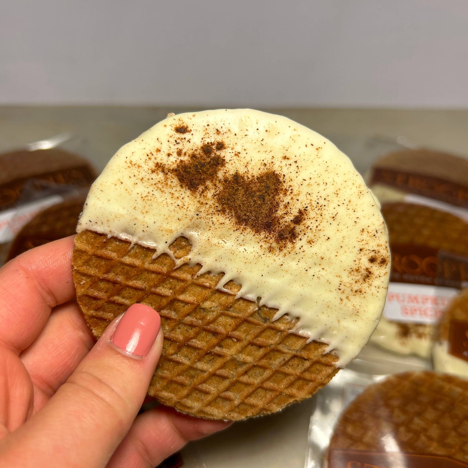 Handmade Pumpkin Spice Stroopwafel dipped in white chocolate with cinnamon dusting, artisan gift treat. - Pumpkin Spice Stroopwafel Single