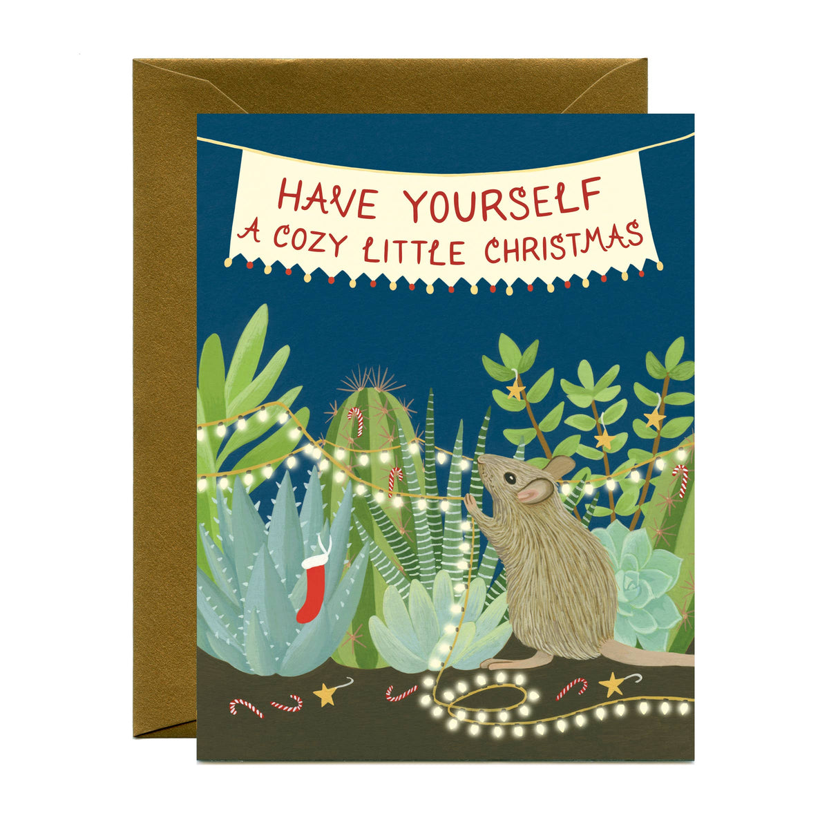 Cozy Mouse with Succulents Holiday Lights Christmas Card - Boxed Set of 8
