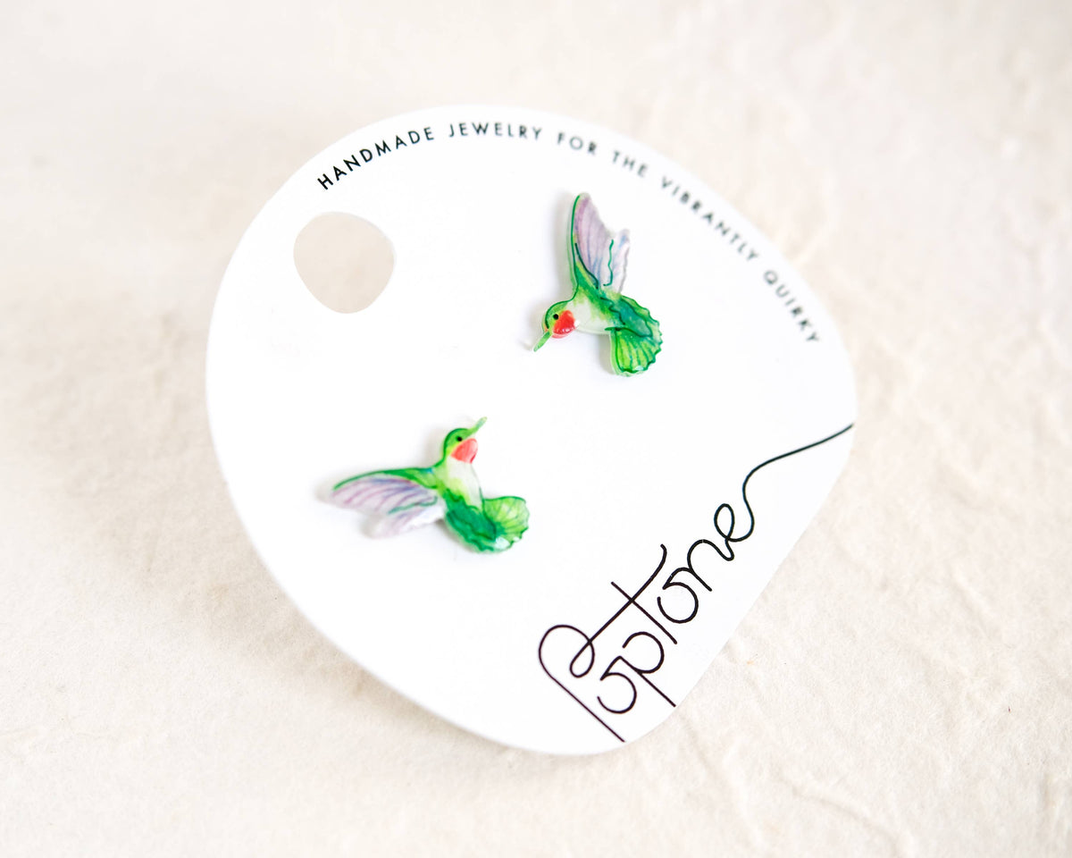 Green Ruby-throated Hummingbird Handmade Stud Earrings