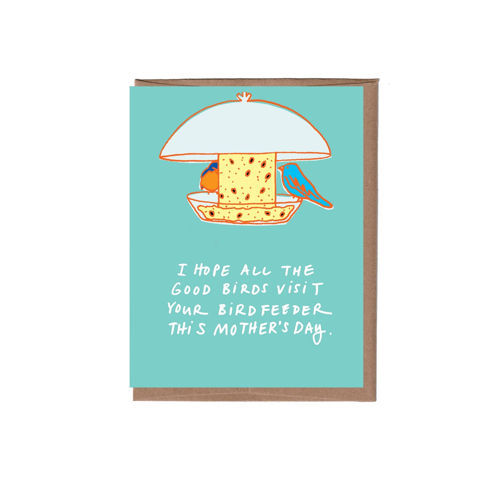 Handmade Mother's Day card with unique bird feeder illustration and heartfelt message on turquoise background. - Bird Feeder Mother's Day Greeting Card