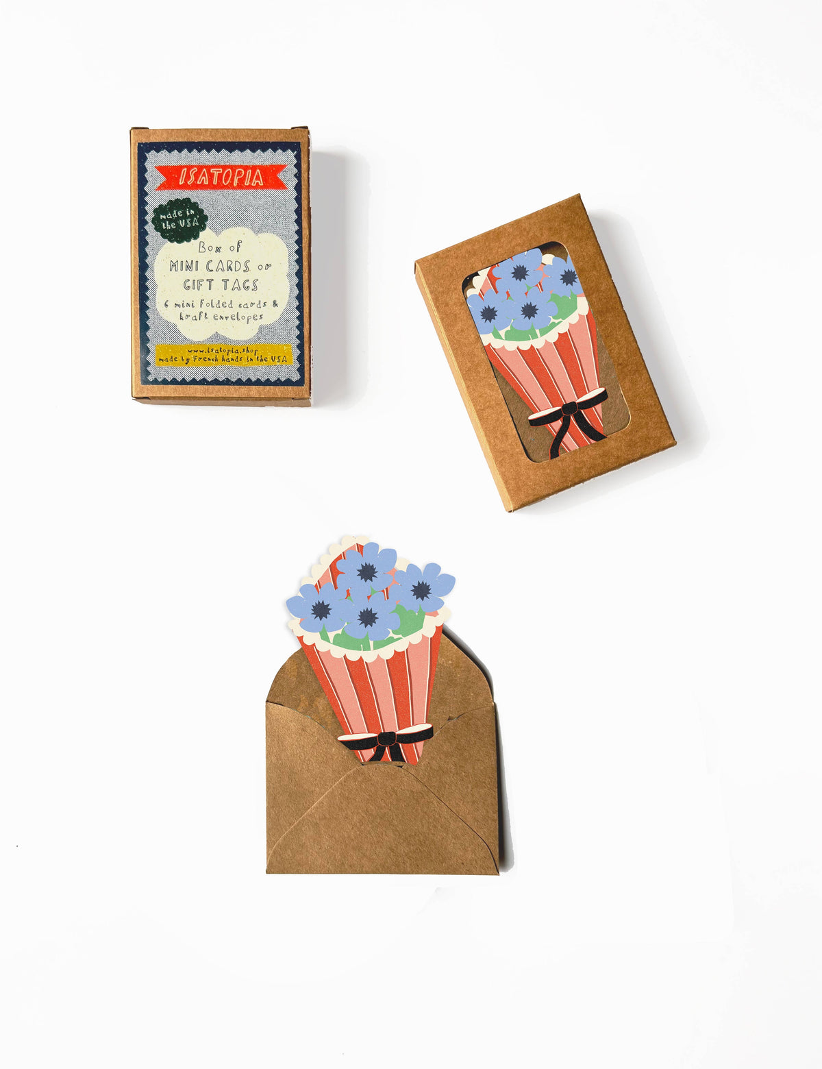 Handmade unique flower bouquet mini cards with eco-friendly kraft envelopes, artisan gift set of six. - Flower Bouquet Mini Cards - Box of 6