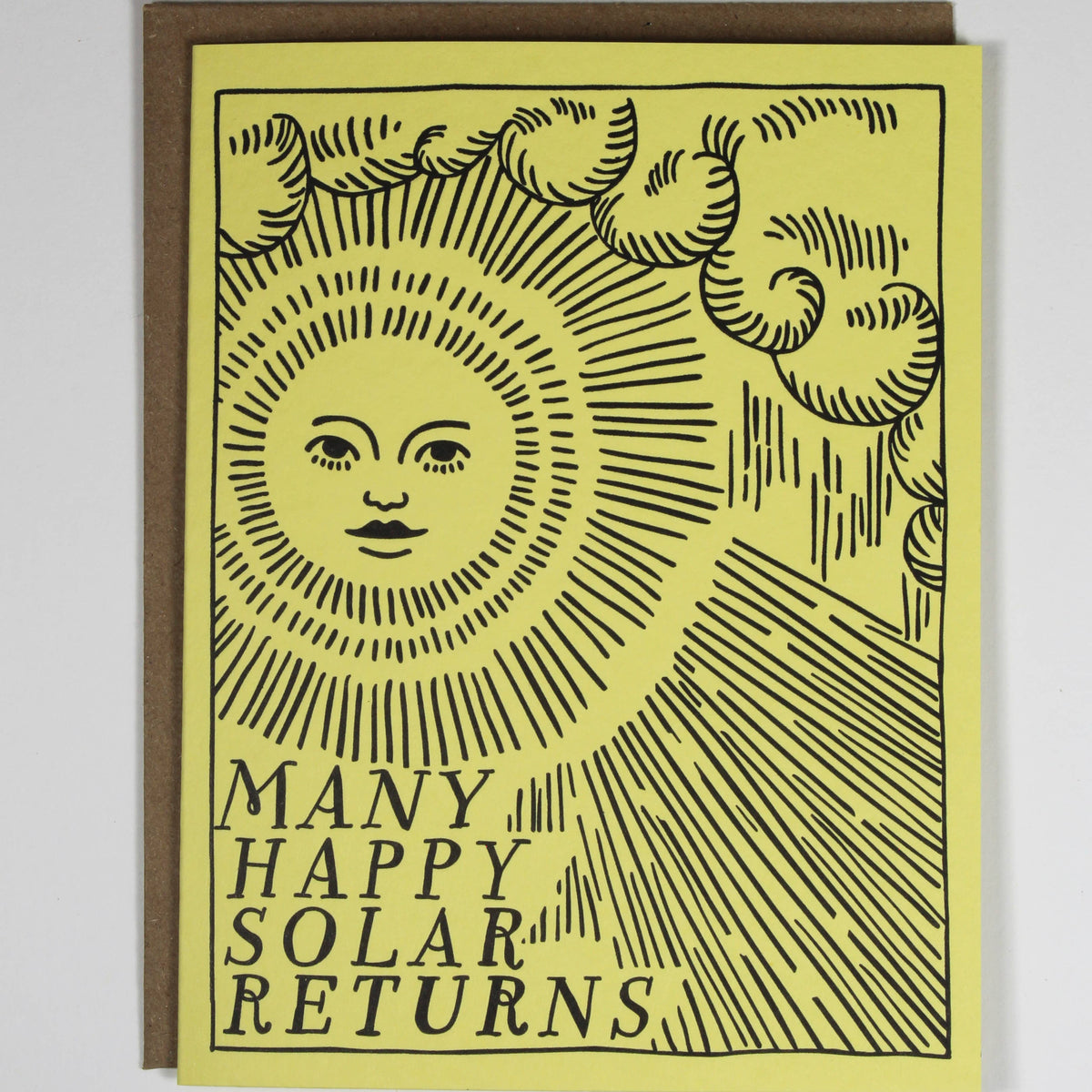 Handmade birthday card with unique sun illustration and "Many Happy Solar Returns" text. - Birthday Solar Return Sunshine Card
