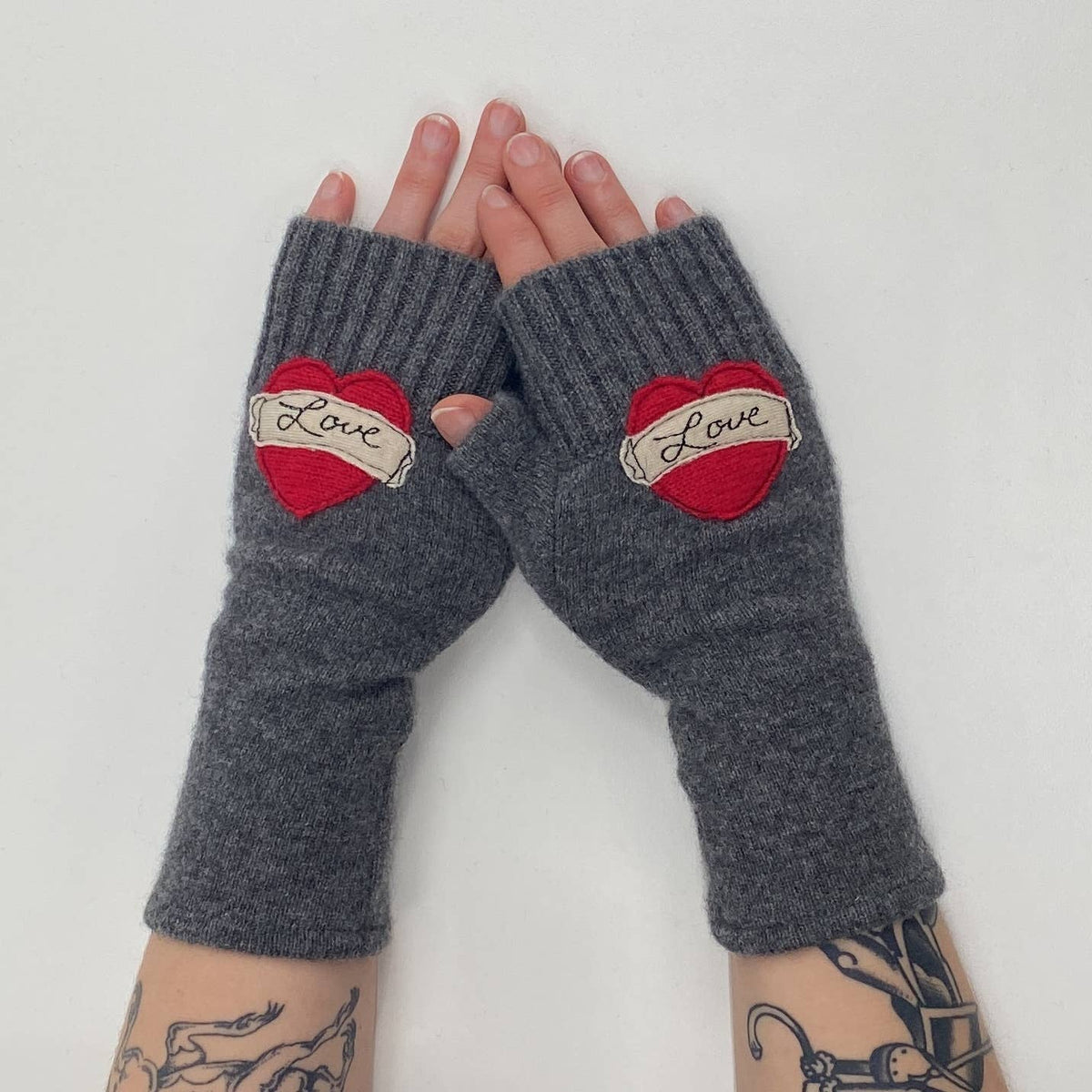 Tattoo Heart Love Pink Fingerless Cashmere Gloves