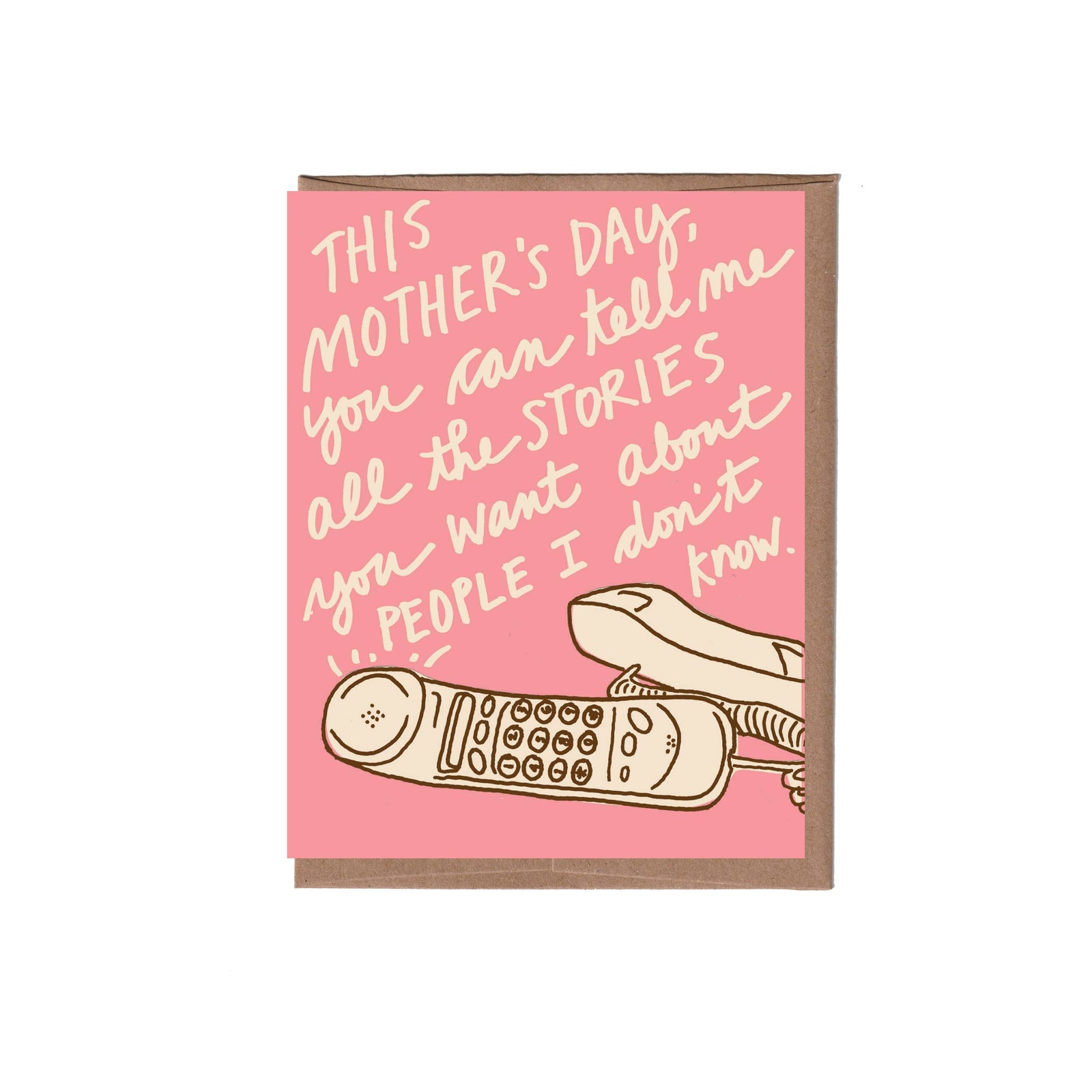 Handmade pink Mother's Day card with whimsical phone illustration and unique scripted text design. - Mom Stories Greeting Card
