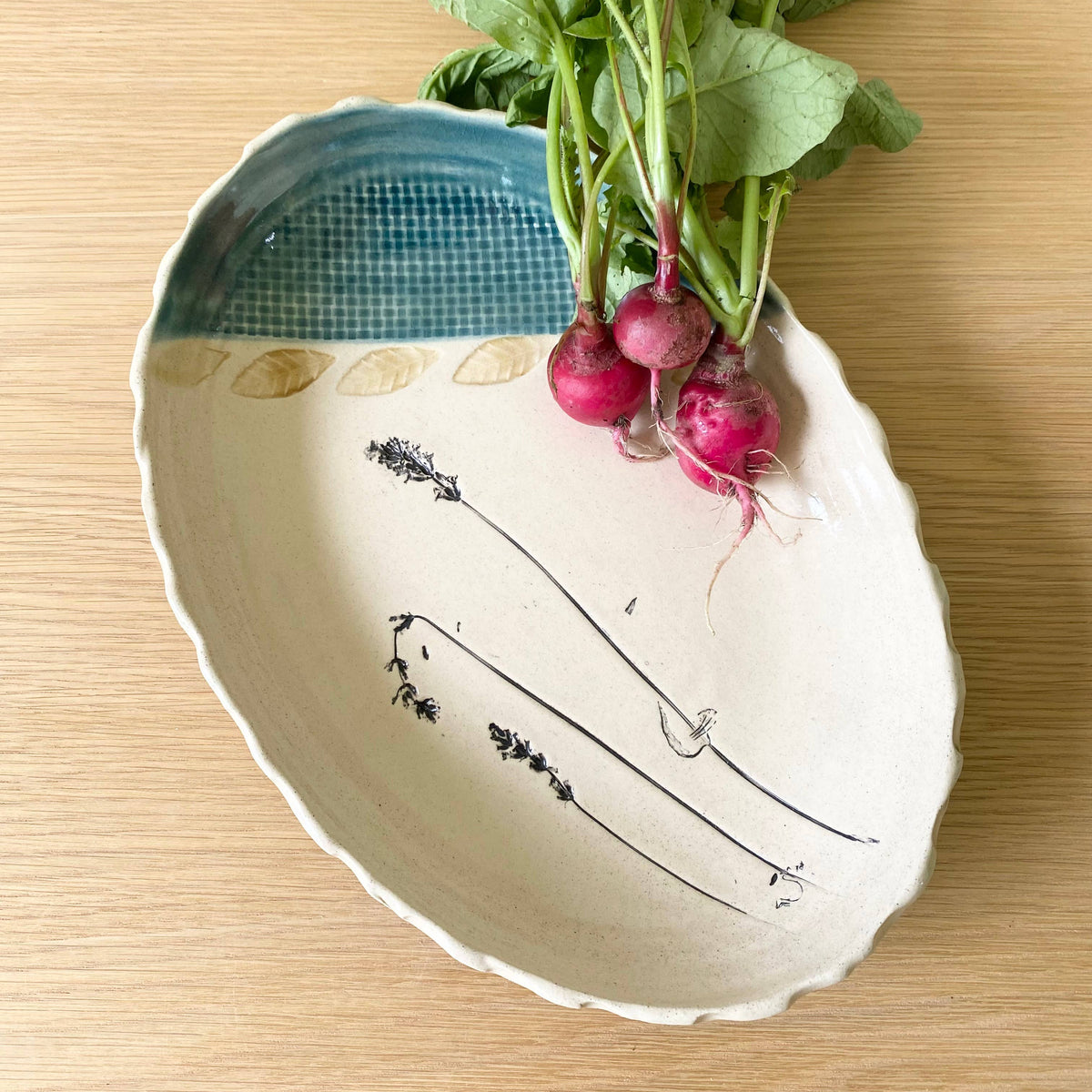 Oval Ceramic Serving Platter w/ Lavender & Leaf Pattern