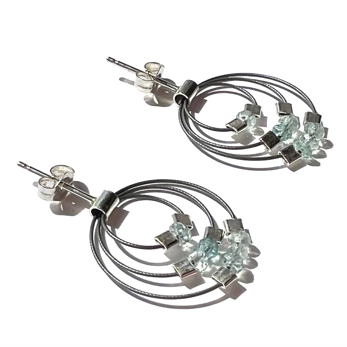 Aquamarine Trinity Post Earrings with Steel Cable