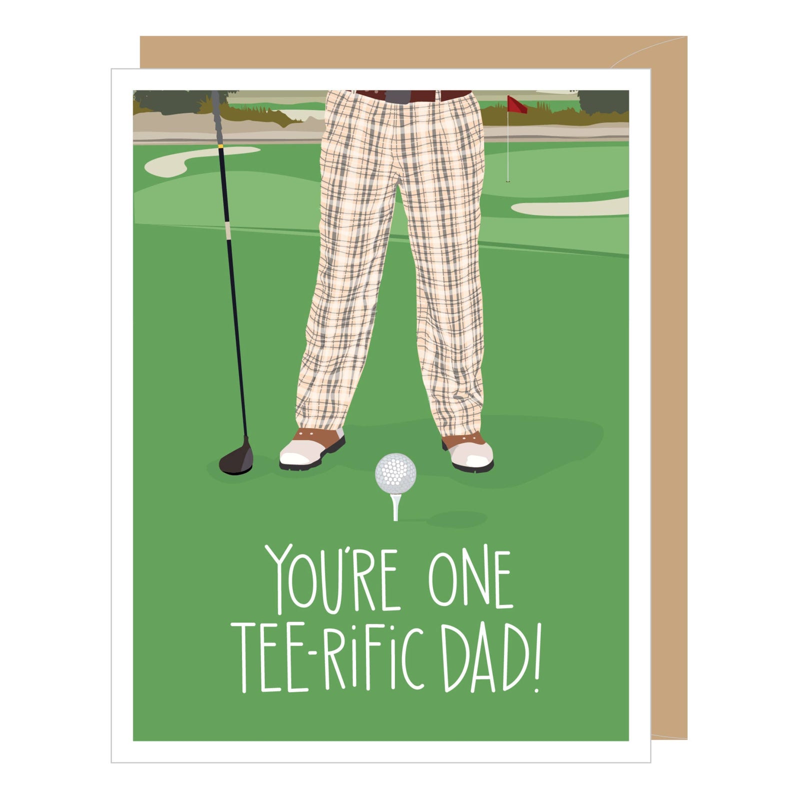Handmade Father's Day golf card with vintage plaid pants and golf club illustration, unique artisan gift. - Hole in One Tee-rific Golf Father's Day Card