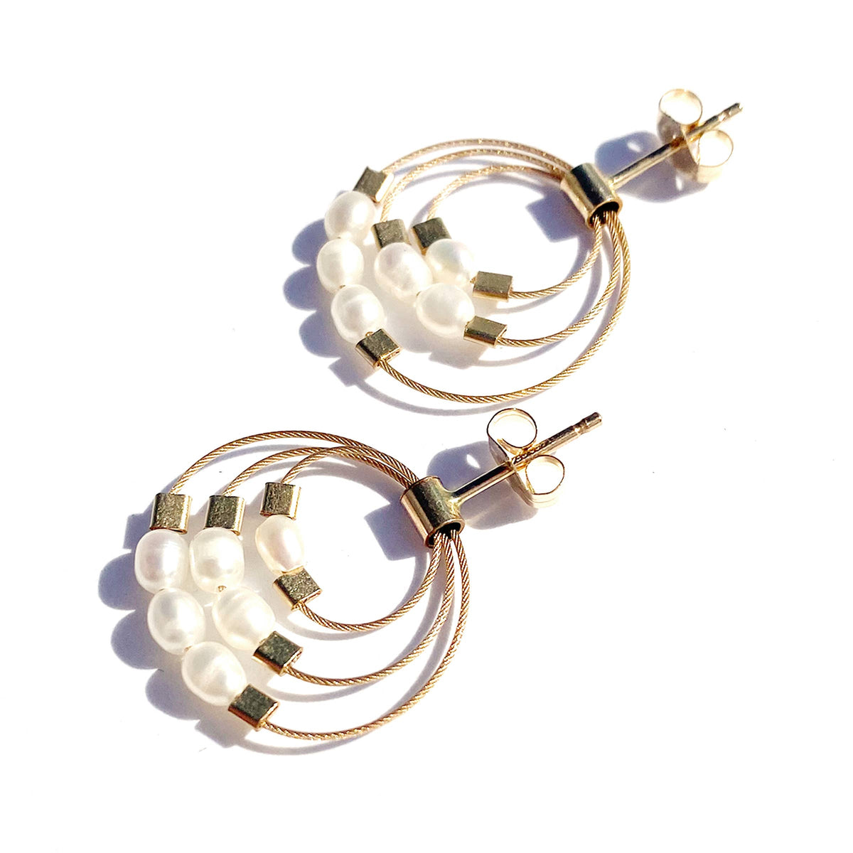 Pearl Trinity Post Earrings with Gold Cable