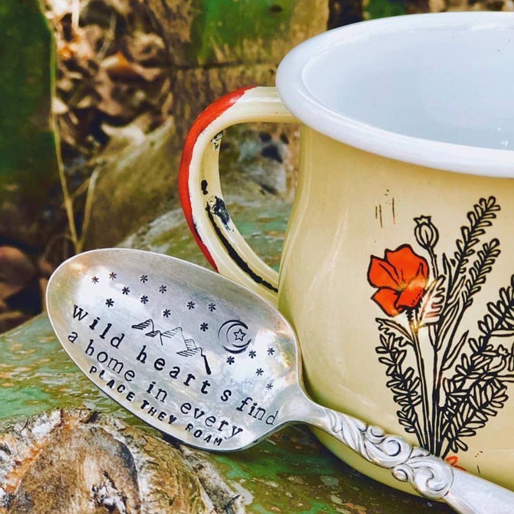 Handmade artisan metal spoon with engraved "Wild hearts find a home in every open road" text, unique gift. - Wild Hearts Spoon
