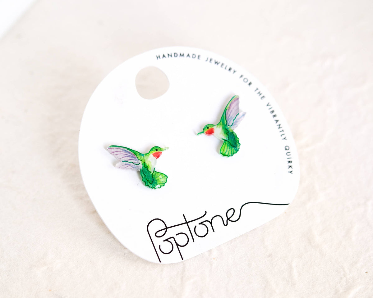 Green Ruby-throated Hummingbird Handmade Stud Earrings