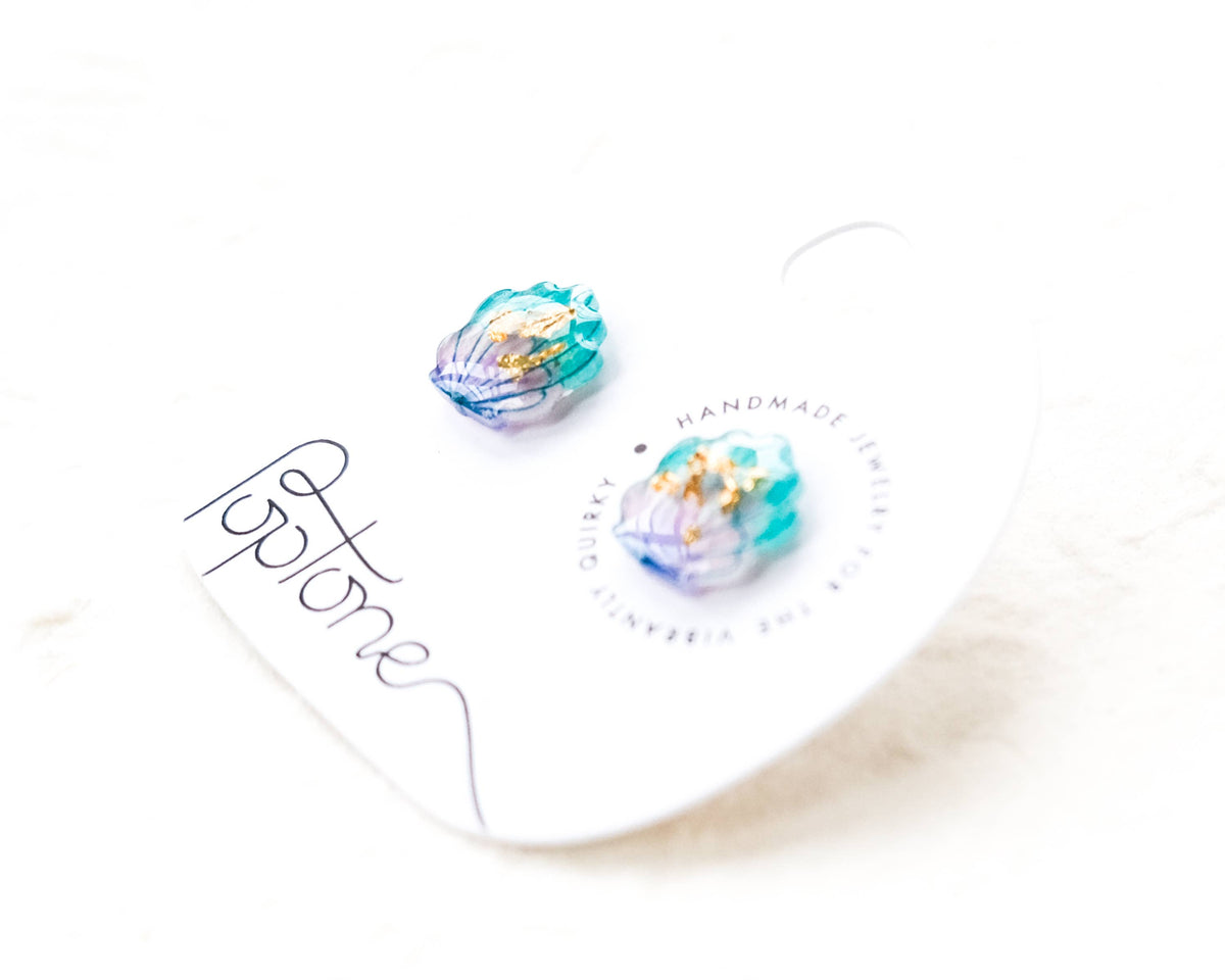Mermaid Shell Stud Earrings with Gold Leaf