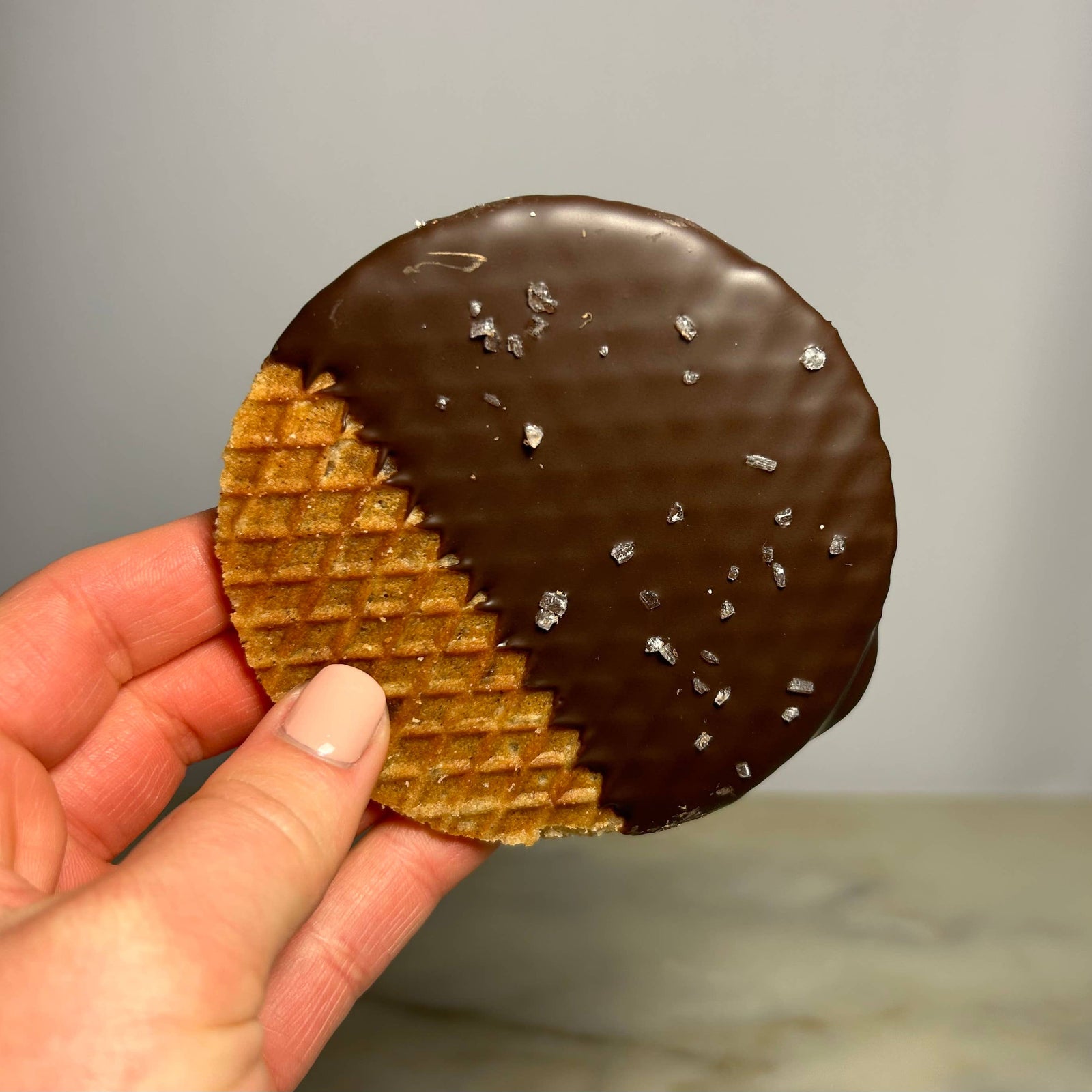Handmade artisan salted caramel stroopwafel dipped in rich chocolate with sea salt crystals, unique gift treat. - Salted Caramel Stroopwafels Gift Pack (6)