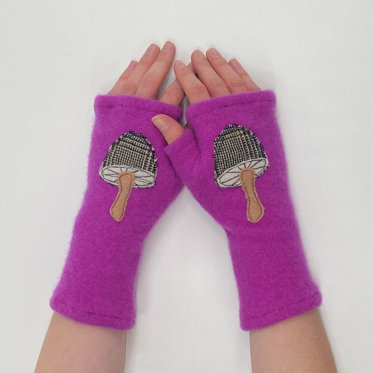 Teal Mushroom Fingerless Cashmere Gloves