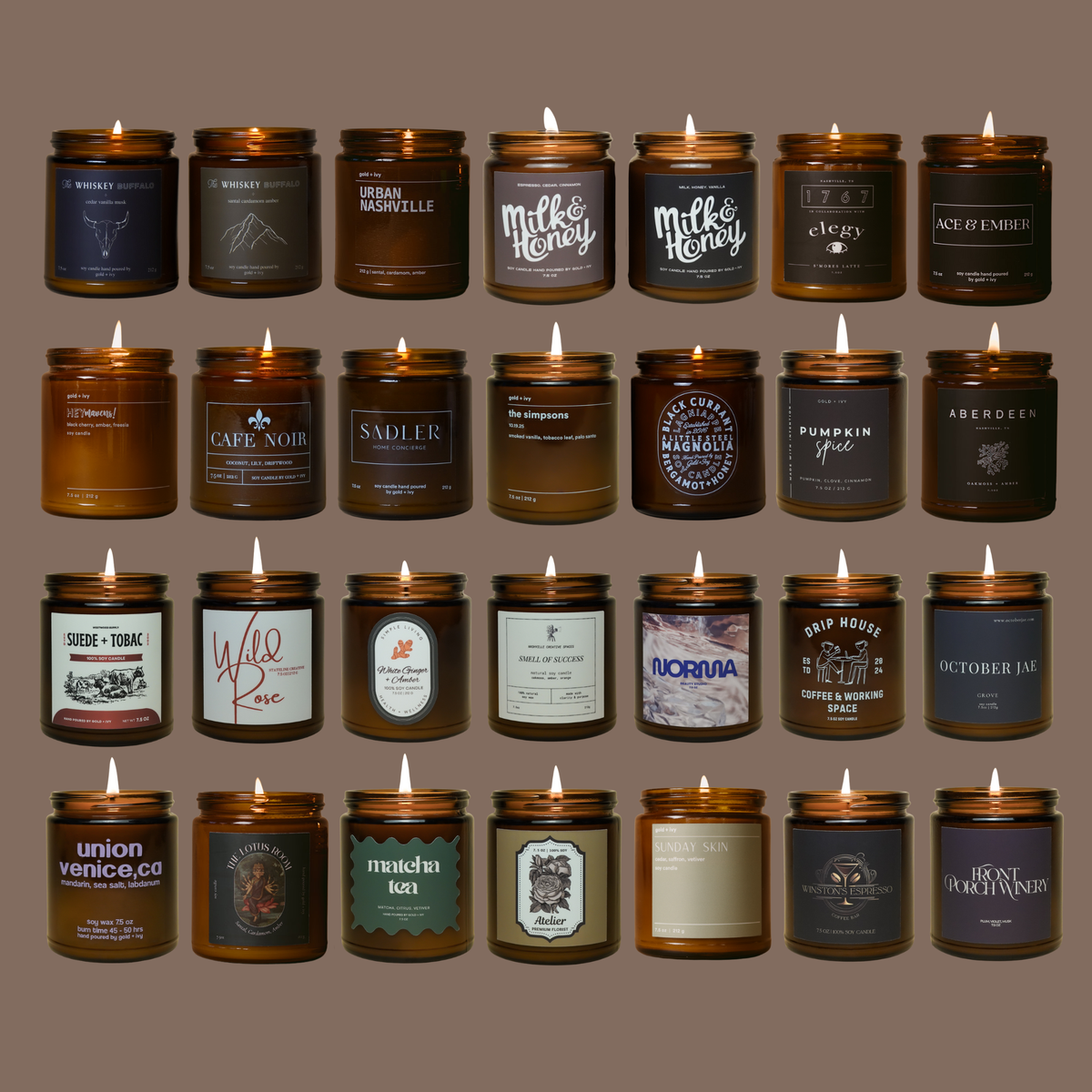 Custom Branded Soy Candles - 7.5 oz - Amber: Gold Lid / Evergreen forest