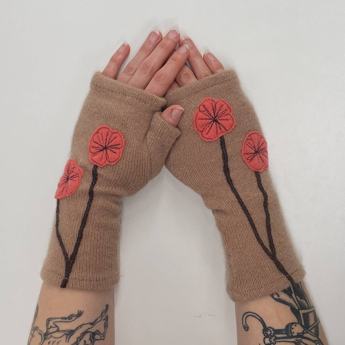 Cream Cherry Blossom Fingerless Cashmere Gloves