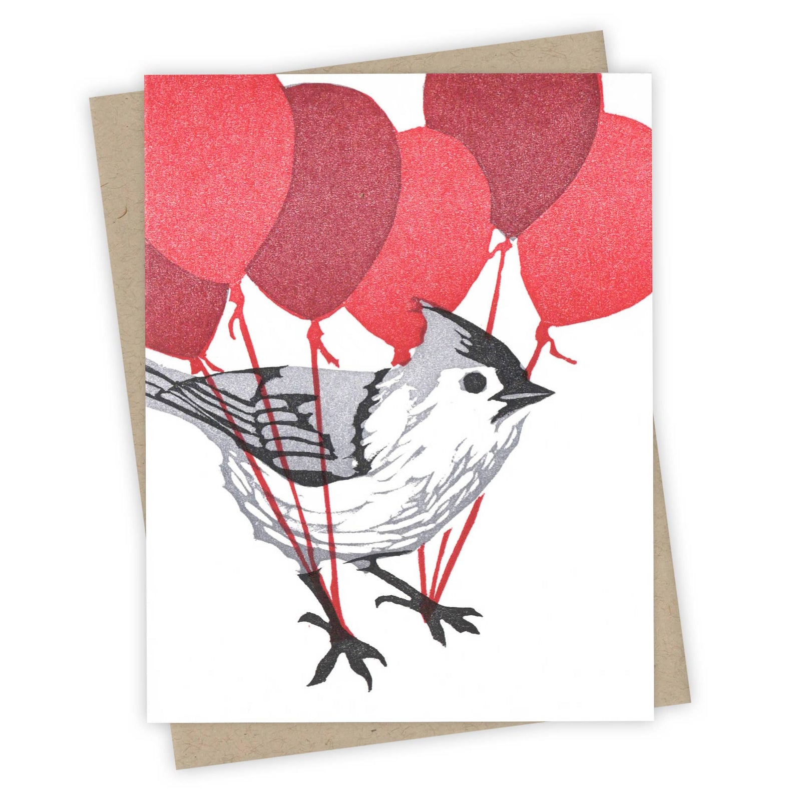 Handmade greeting card featuring a detailed titmouse illustration with vibrant red balloons, perfect unique artisan gift. - Up & Away Titmouse Card