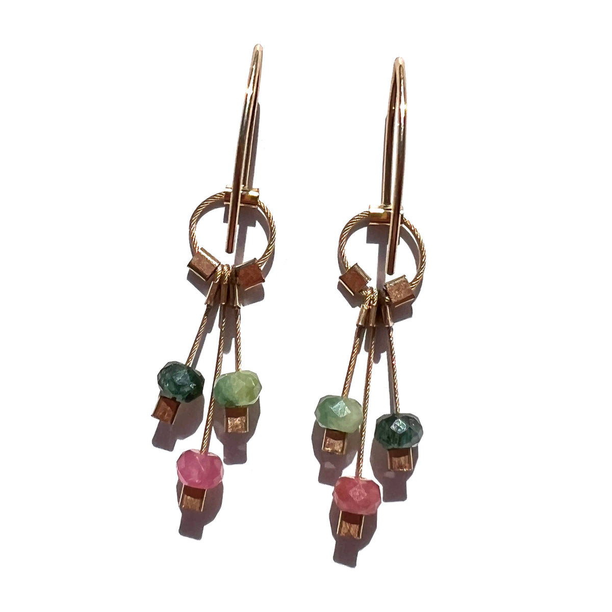 Aerial Hook Earrings: Tourmaline on Gold cable with Gold hardware