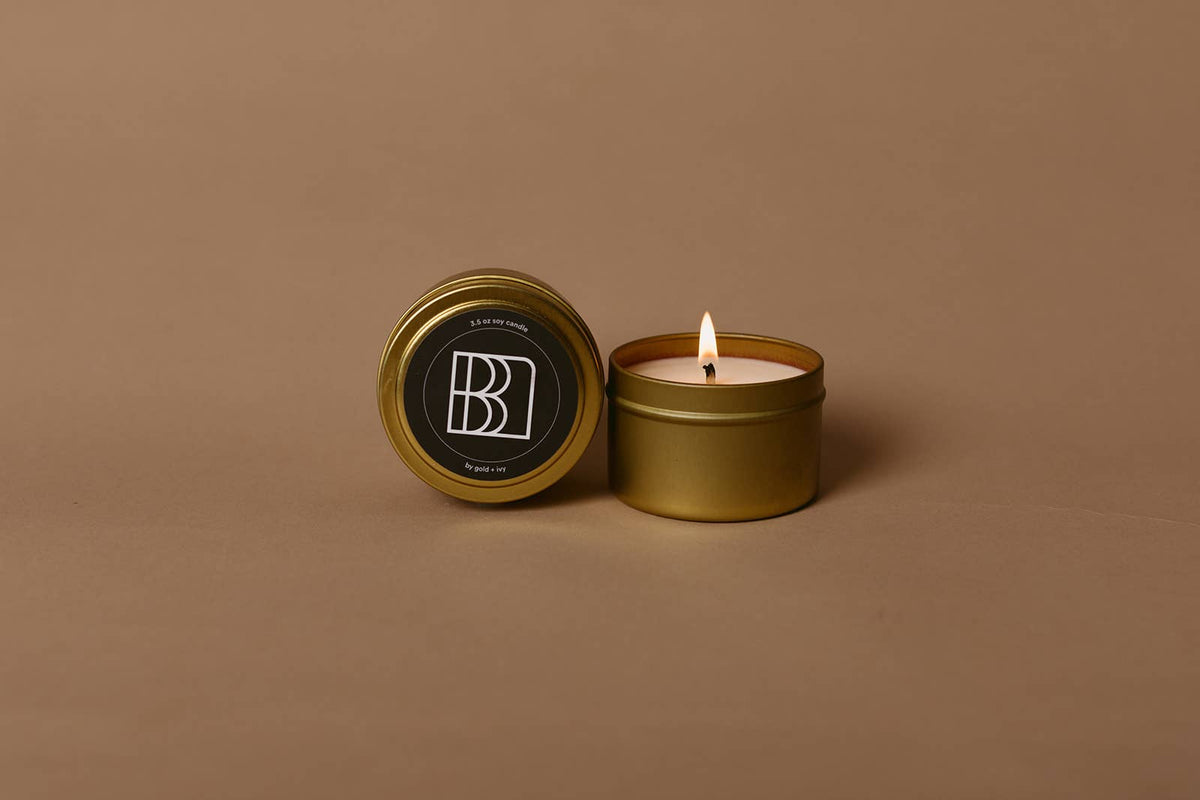 Custom label gold tin soy candles - 4 oz.: Evergreen forest