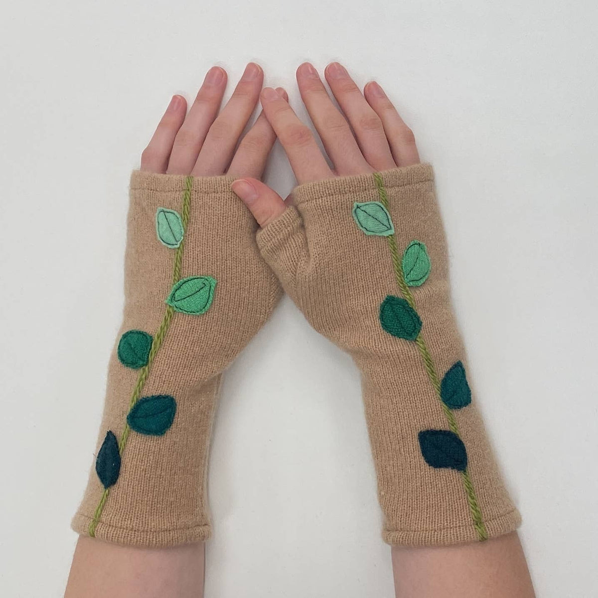 Pink Leaves Fingerless Cashmere Gloves