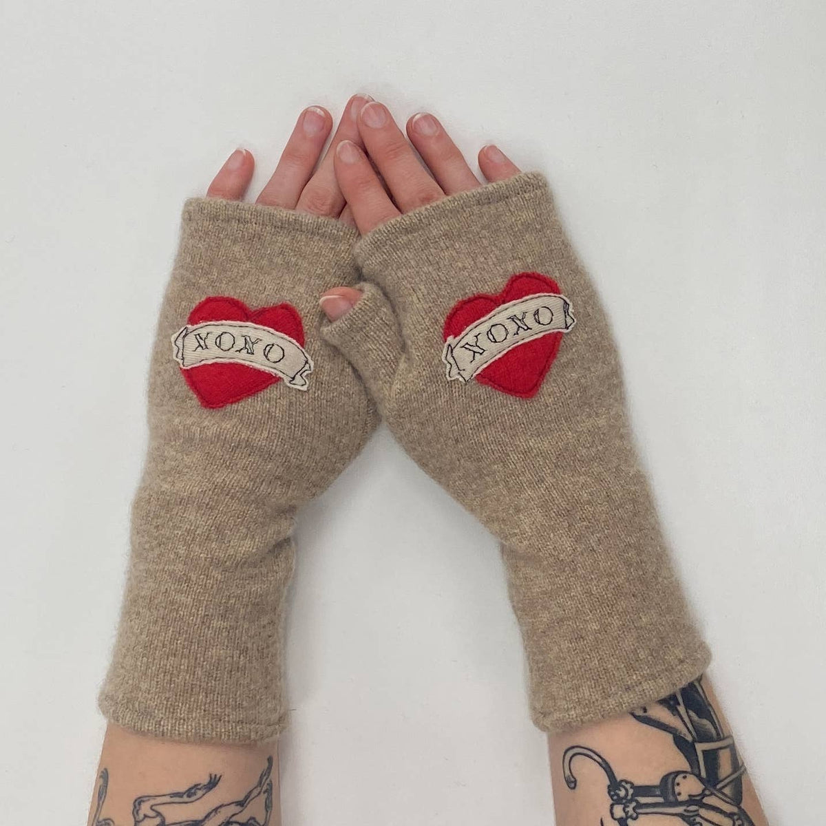 Tattoo Heart XOXO Fingerless Cashmere Gloves