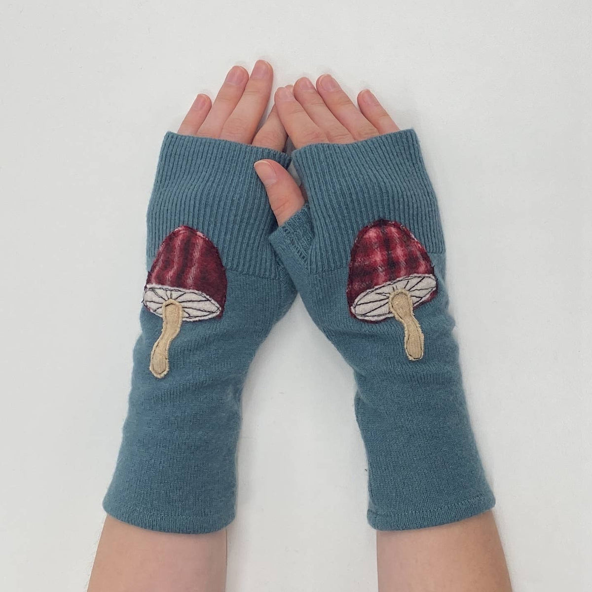 Teal Mushroom Fingerless Cashmere Gloves