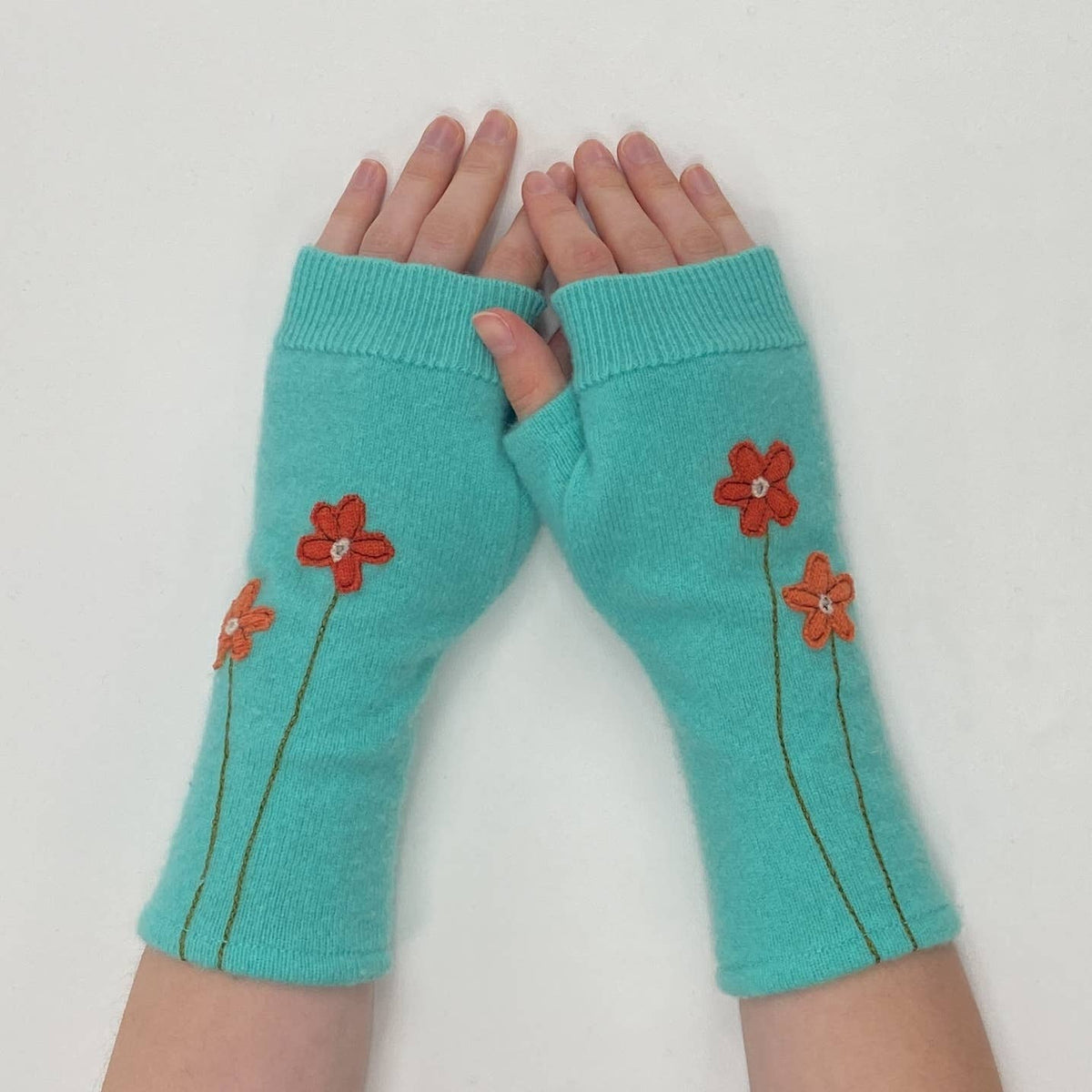 Olive Wildflower Fingerless Cashmere Gloves