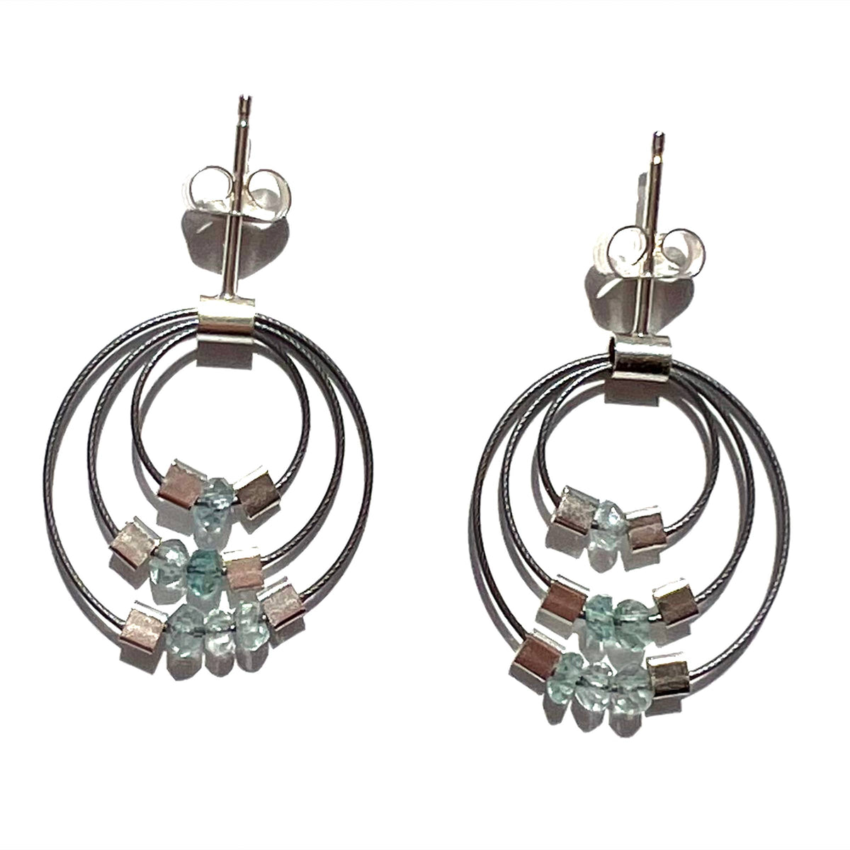Handmade aquamarine trinity post earrings with steel cable hoops, unique artisan gift design. - Aquamarine Trinity Post Earrings with Steel Cable