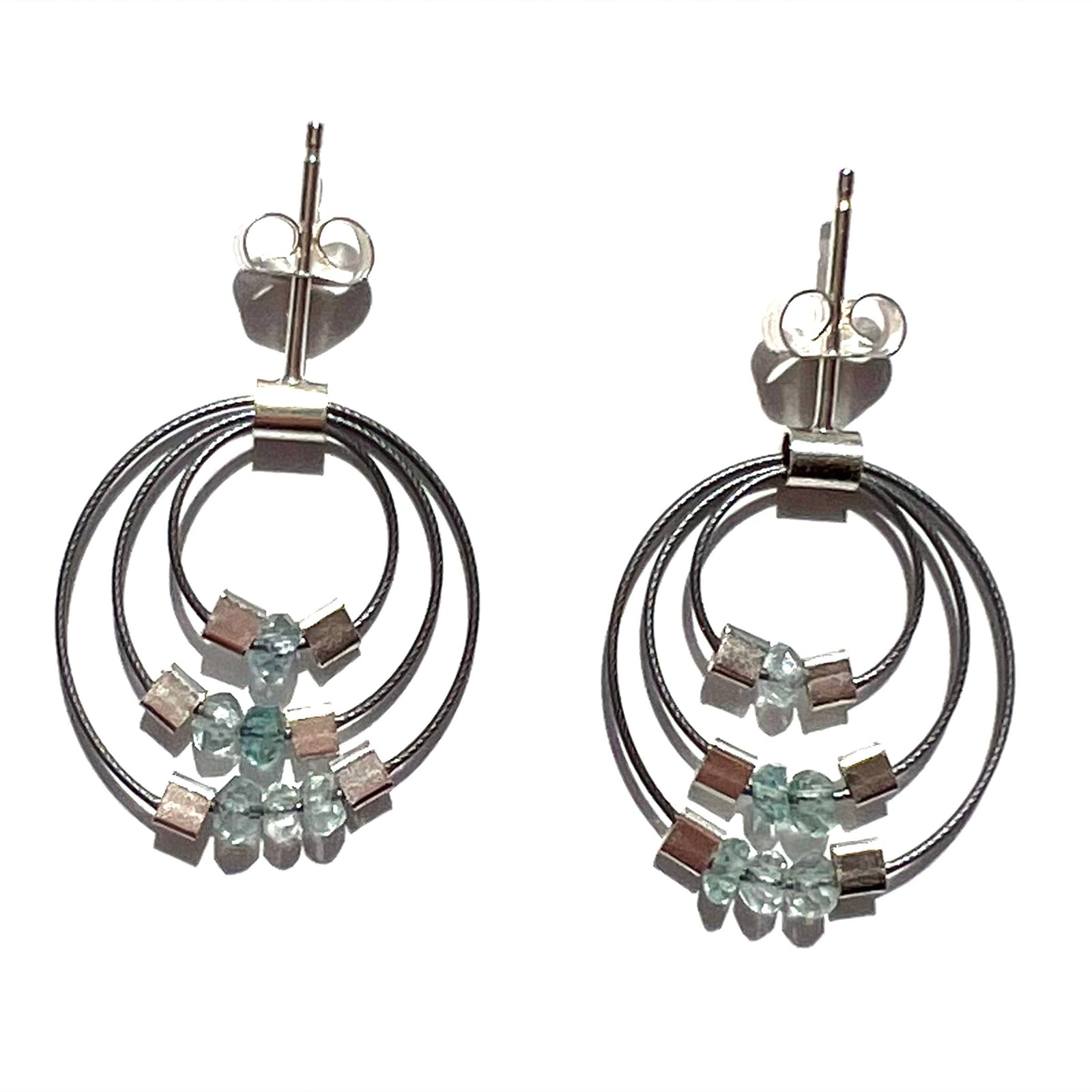 Handmade aquamarine trinity post earrings with steel cable hoops, unique artisan gift design. - Aquamarine Trinity Post Earrings with Steel Cable